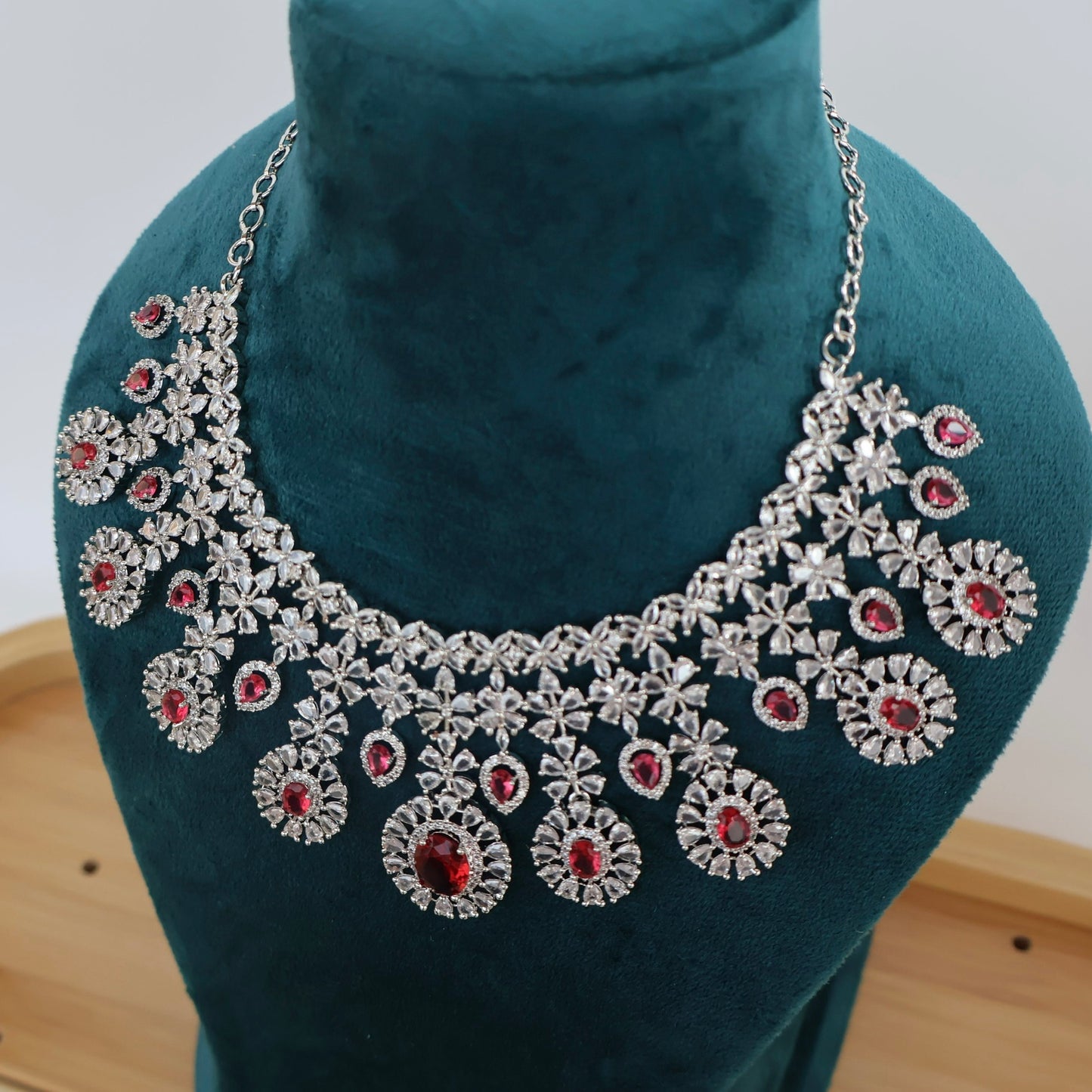 Carryallco Semi Bridal Red American Diamond Necklace