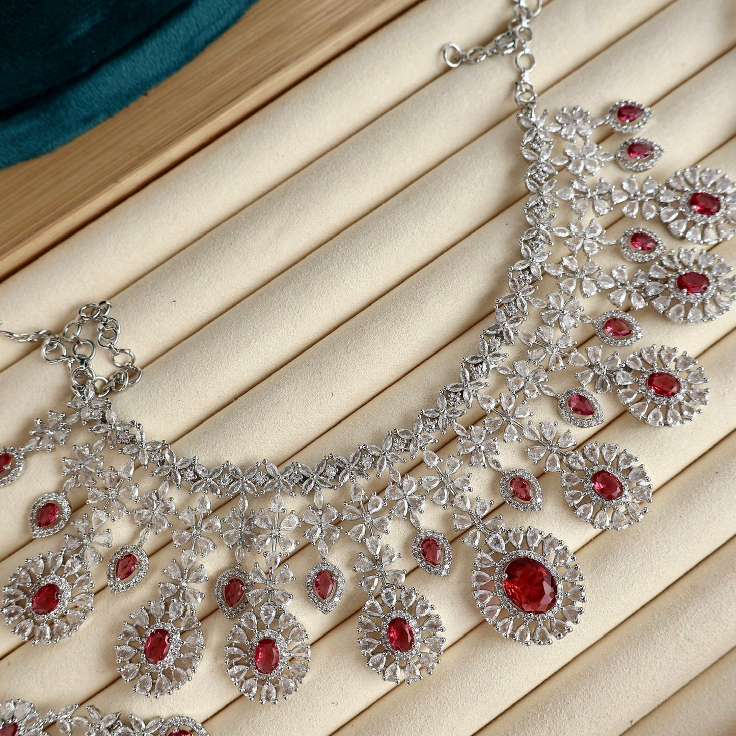 Carryallco Semi Bridal Red American Diamond Necklace