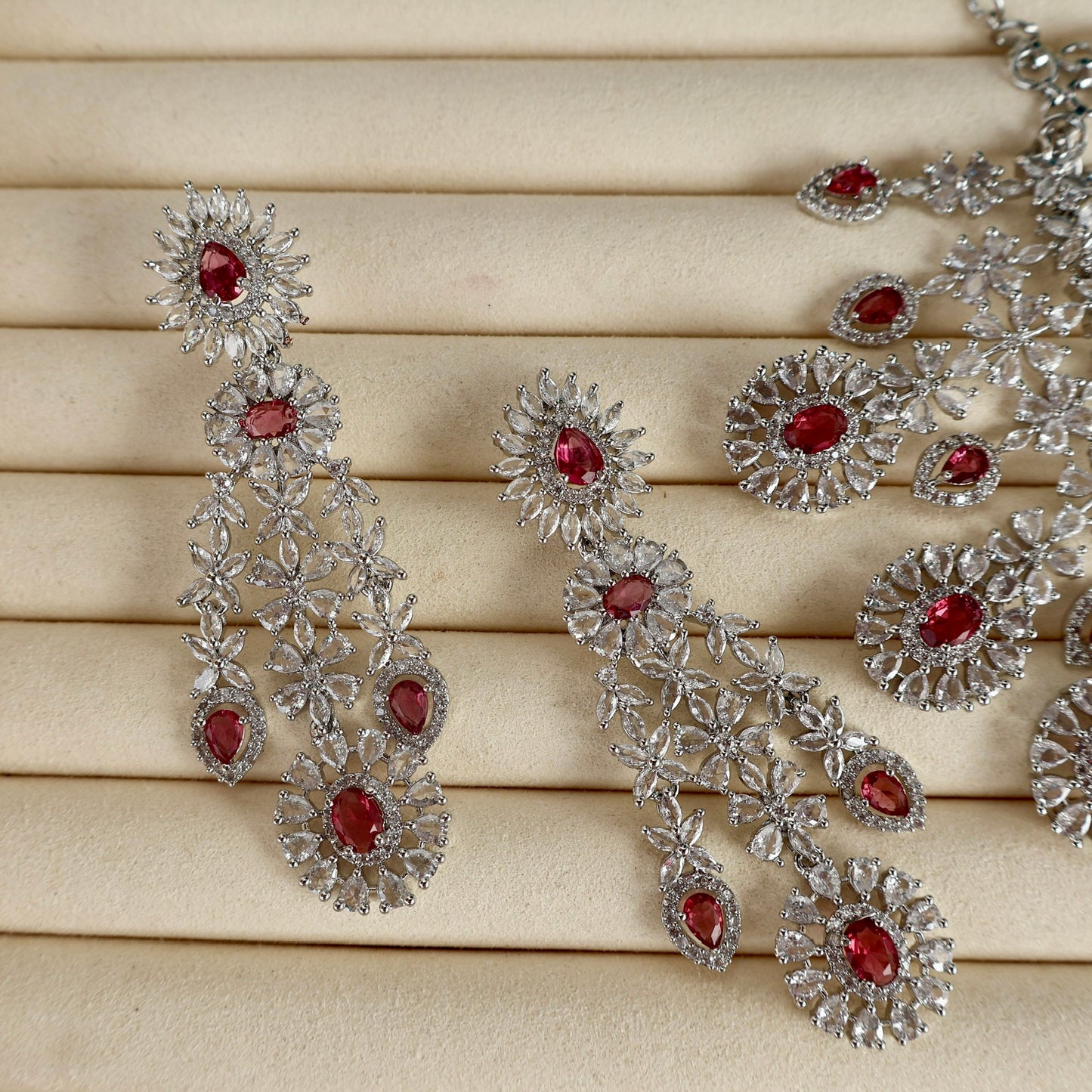 Carryallco Semi Bridal Red American Diamond Necklace