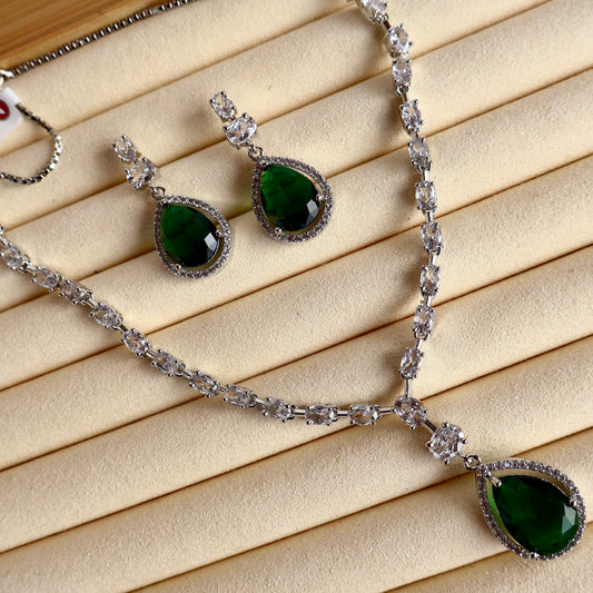 EnchantGlow Emerald Sparkle American Diamond Necklace Set