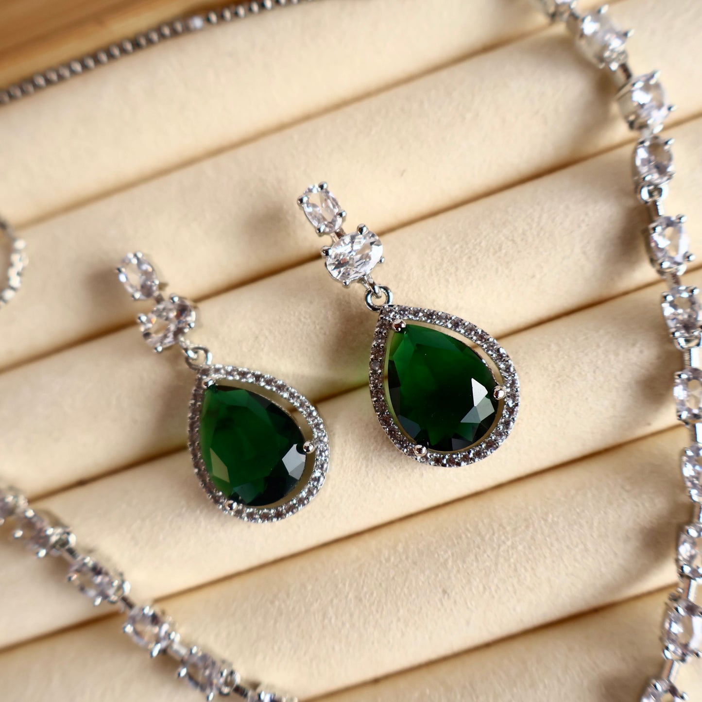 EnchantGlow Emerald Sparkle American Diamond Necklace Set