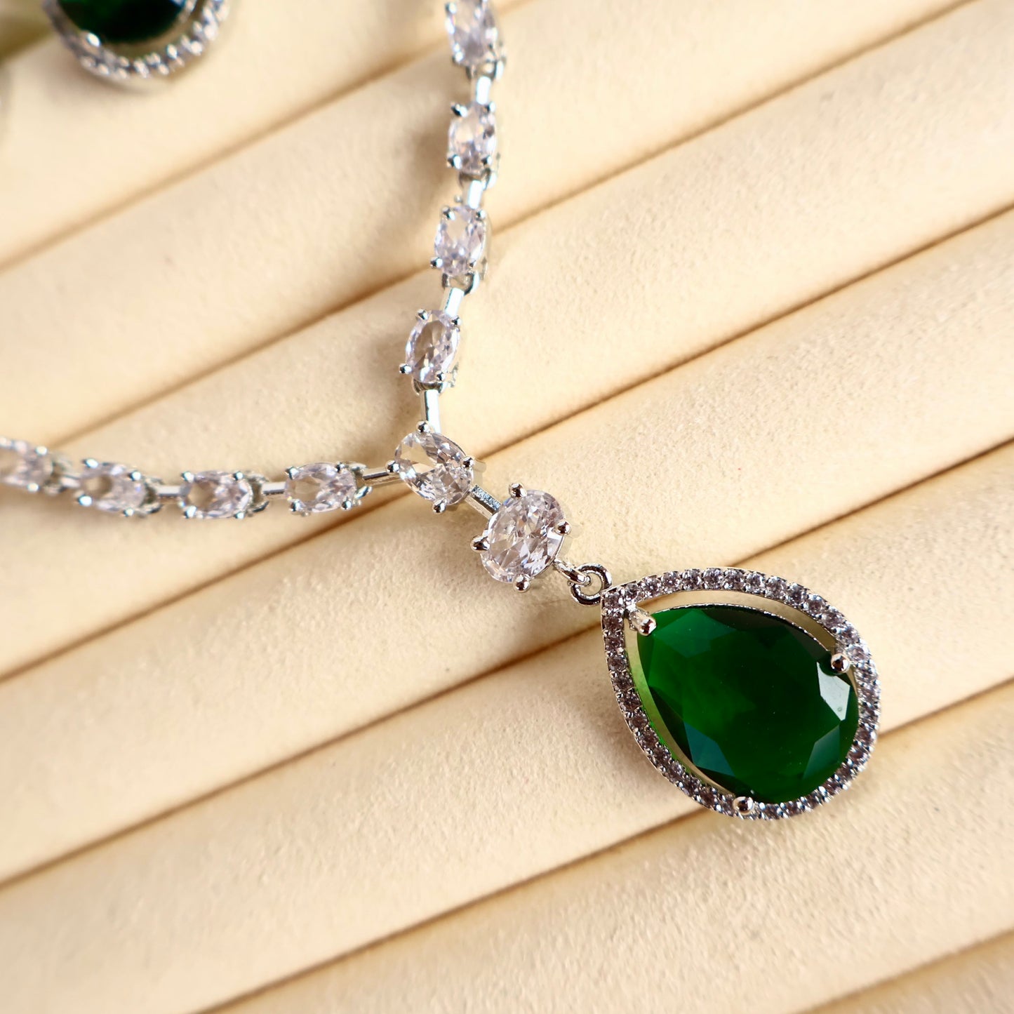 EnchantGlow Emerald Sparkle American Diamond Necklace Set