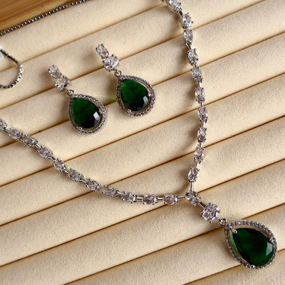 EnchantGlow Emerald Sparkle American Diamond Necklace Set