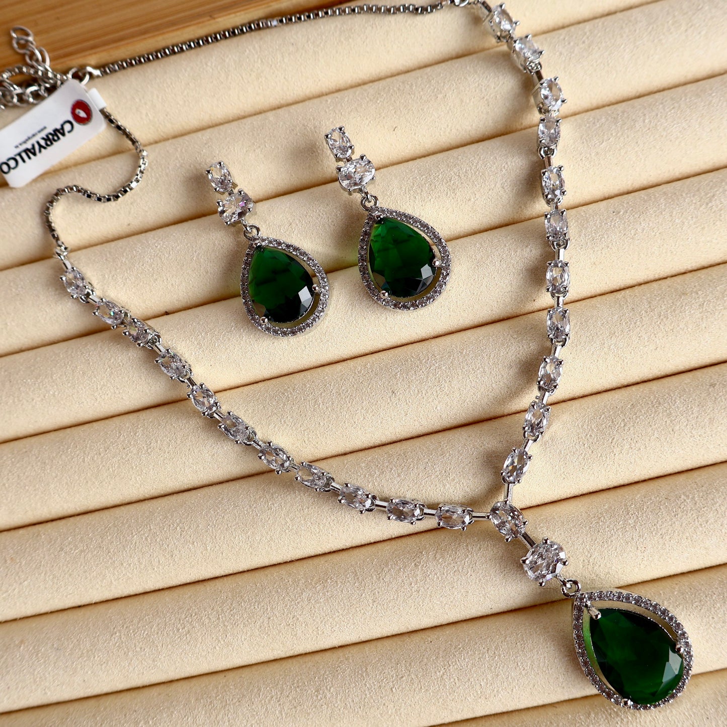 EnchantGlow Emerald Sparkle American Diamond Necklace Set