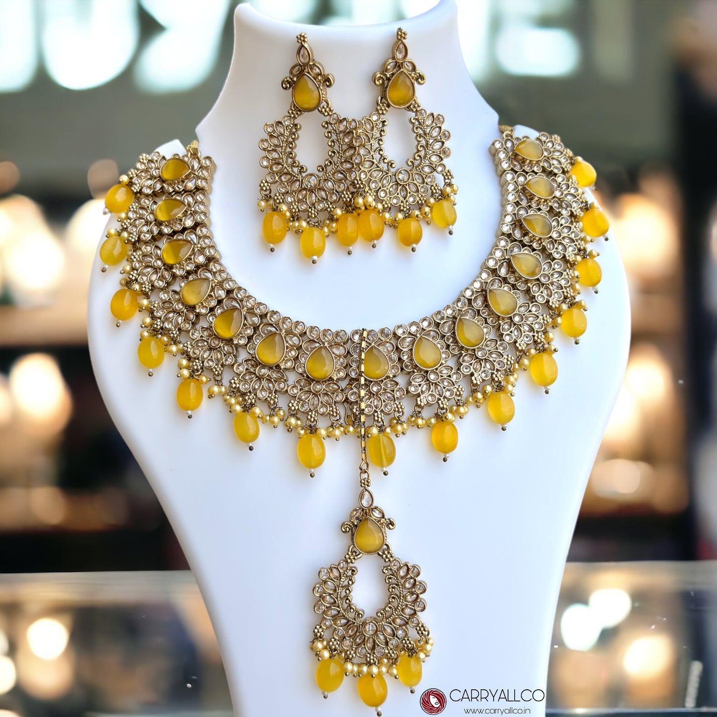 Carryallco Antique Gold-Plated Reverse AD Yellow Necklace Set