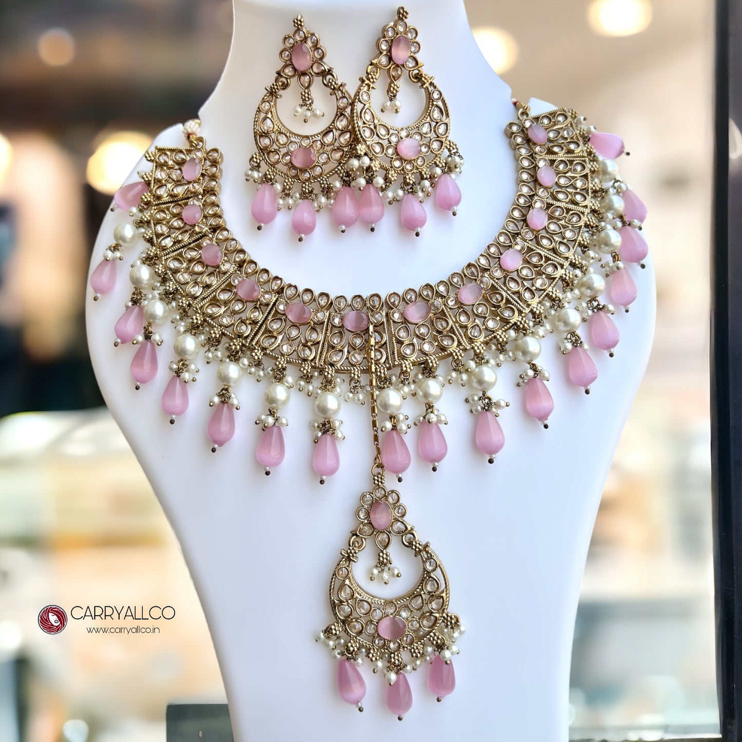 Carryallco Antique Gold-Plated Reverse AD Pink Necklace Set