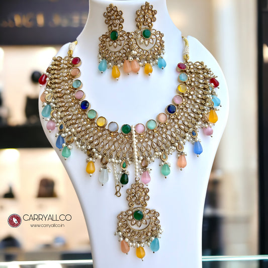 Carryallco Gold-Plated Reverse AD Multicolor Monalisa Stones Necklace Set